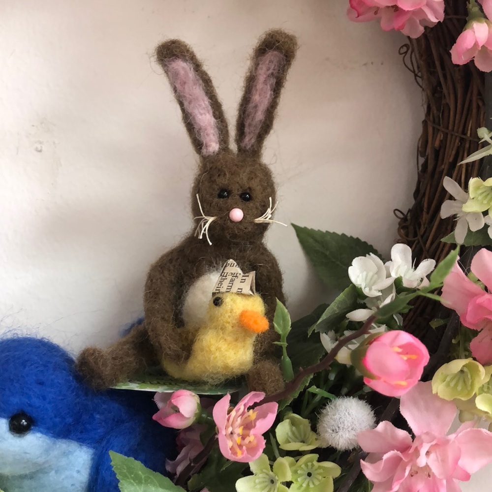 Needle felted bunny rabbit and duck NWT handmade unique sweet gift collectable
